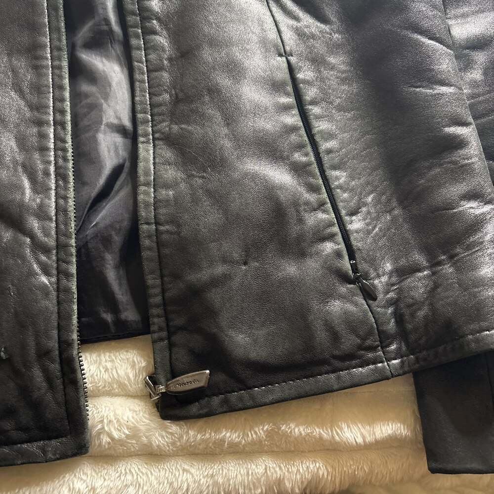 Marcia Collection Black Collarless Ruffled Leather Jacket - Size M - Picture 4 of 7